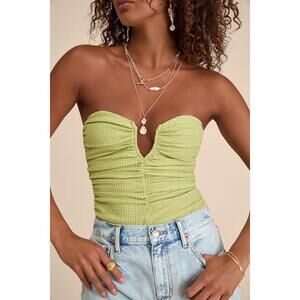 Lulus Muna Lime Green Textured Strapless Cutout U-bar Bodysuit - Size L